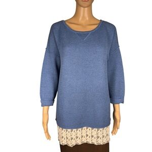 Context Lord and Taylor Blue With White Lace Trim 3/4 Sleeve Sweater Size L